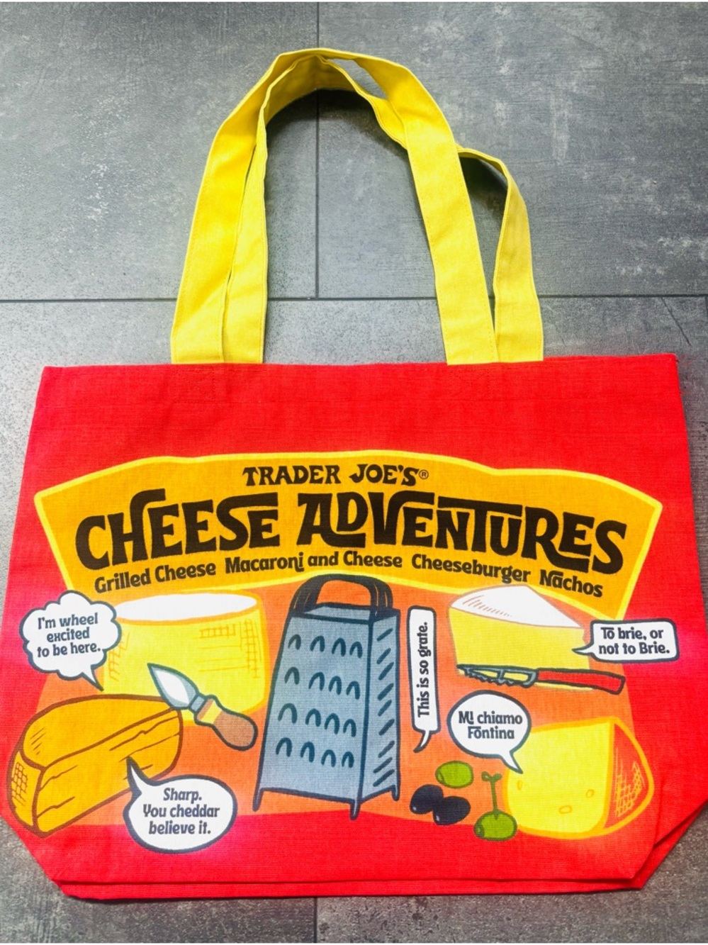 Trader Joe's Cheese Adventures Tote - Red with Yellow Handles - NWOT